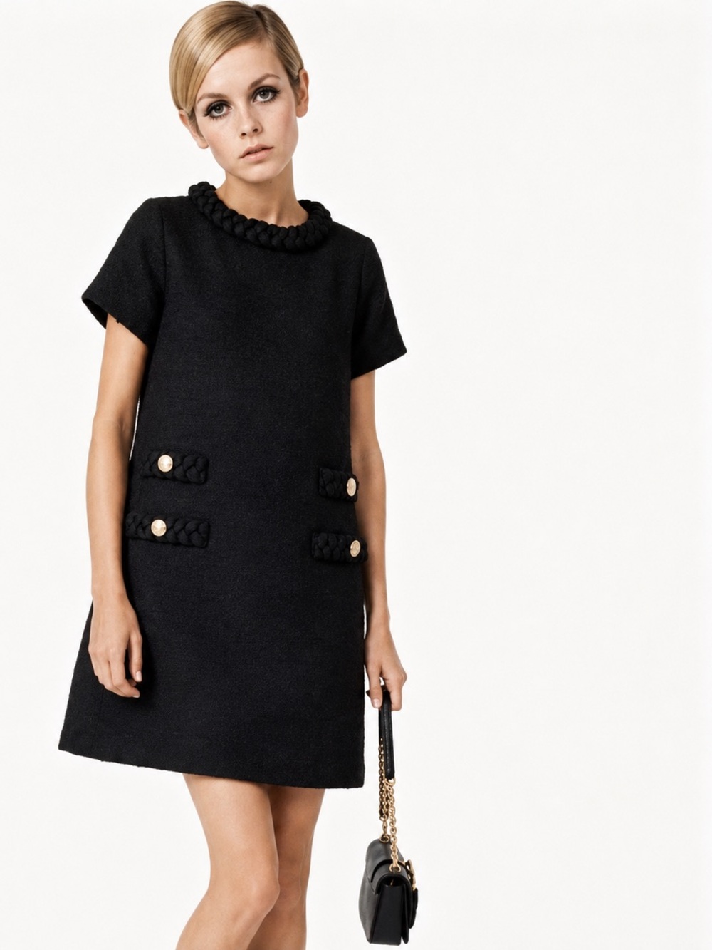 Tuckernuck Classic black tweed mini in a clean shift silhouette, S